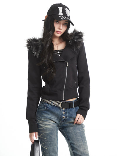Fur Collar Hooded Sweatshirt Jacket UNC0324
