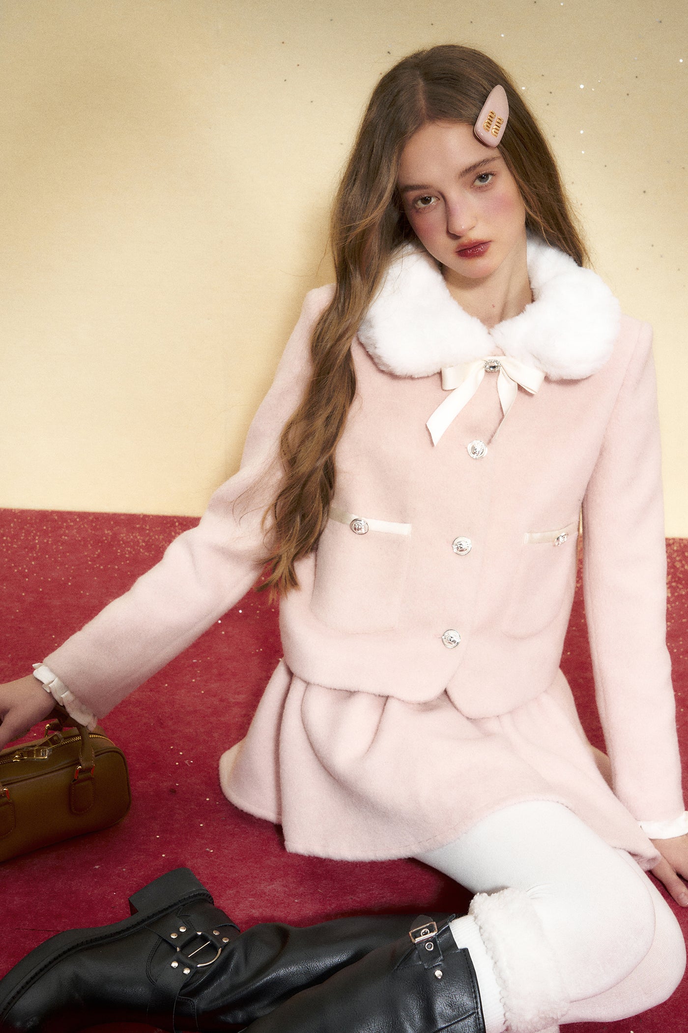 Pink Woolen Fur Collar Bow Jacket/Skirt REC0027