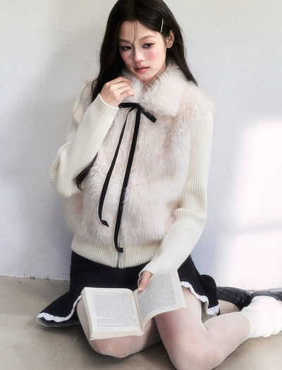 Detachable Bow Collar Faux Fur Knitted Jacket FRA0510