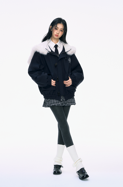 Navy Blue Fur Large Collar Cotton Jacket PUN0037