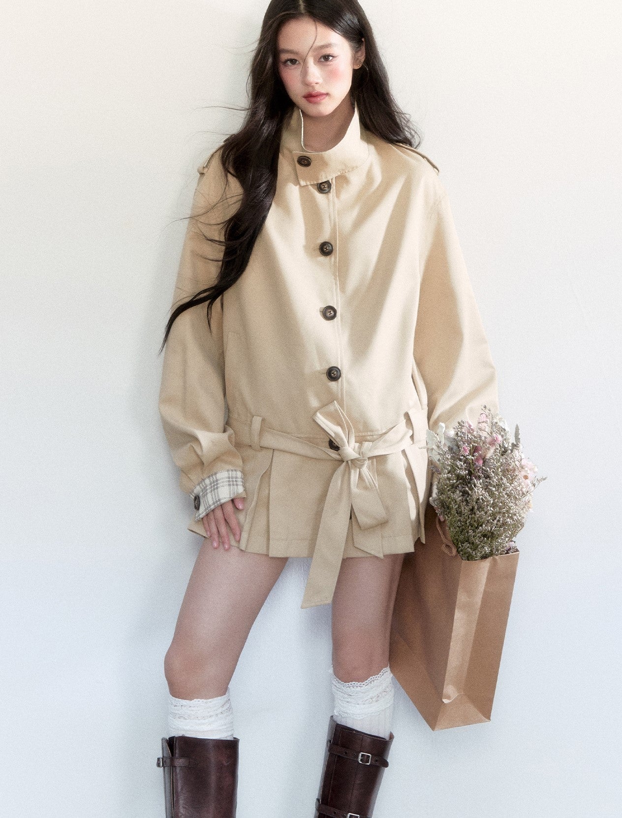 Waist Tie Stand Collar Jacket FRA0443