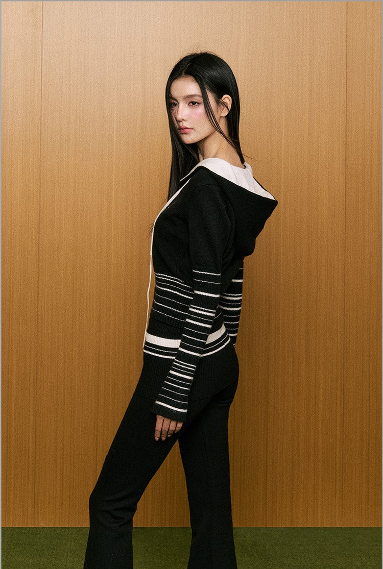 Striped Hooded Sweater Knitted Jacket/Slightly Flared Slim Fit Pants AGM0088