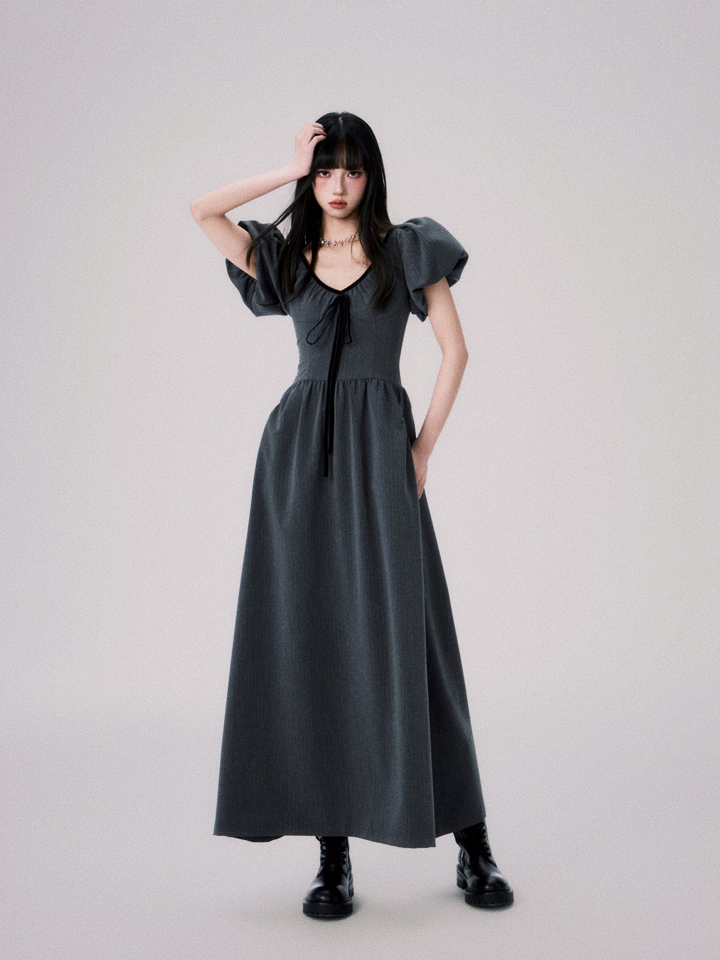 Dark Gray French V-neck Puff Sleeve Dress LUL0063