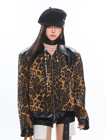 Wild Leopard Design Leather Lapel Zipper Jacket UNC0189