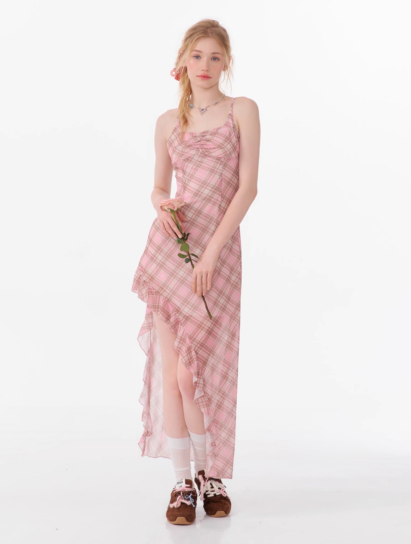 Irregular Waist Plaid Pink Long Suspender Dress ZIZ0086