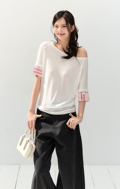 Oblique Shoulder Plaid T-shirt SHI0142