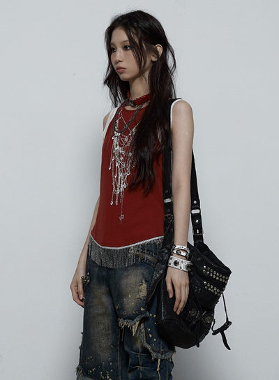 Punk Print Chain Fake Two-piece Contrast Color Camisole NOR0075