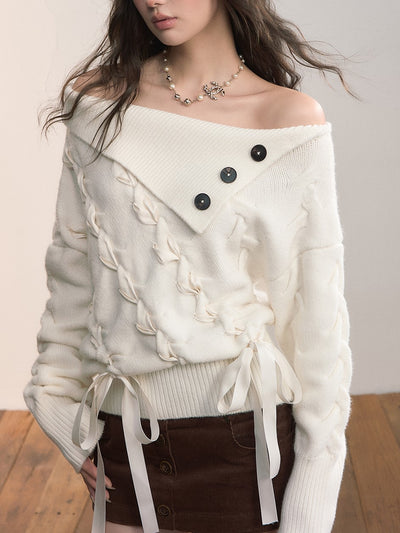Off-Shoulder Cross-Weave Cable Sweater VIA0369