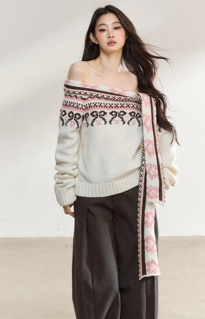 White Off-shoulder Jacquard Sweater SHI0219
