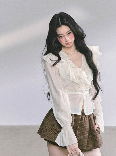 French V-neck Lace Ruffled Shirt DIA0587