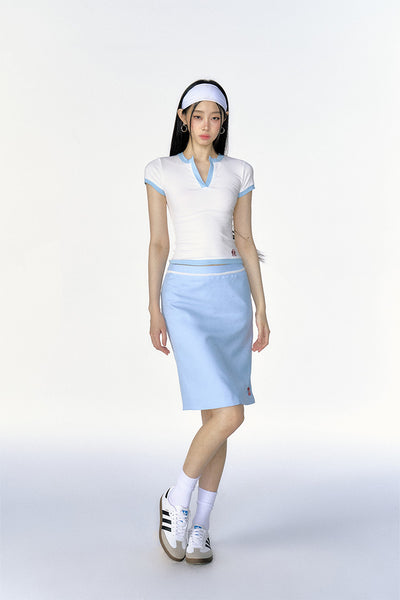 Summer Dopamine Blue & White Contrast Slim Casual Short Sleeve T-Shirt/Skirt CUR0101