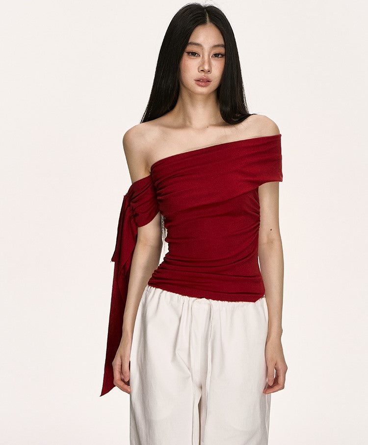 Irregular Oblique Shoulder Ribbon Red Top ANA0013