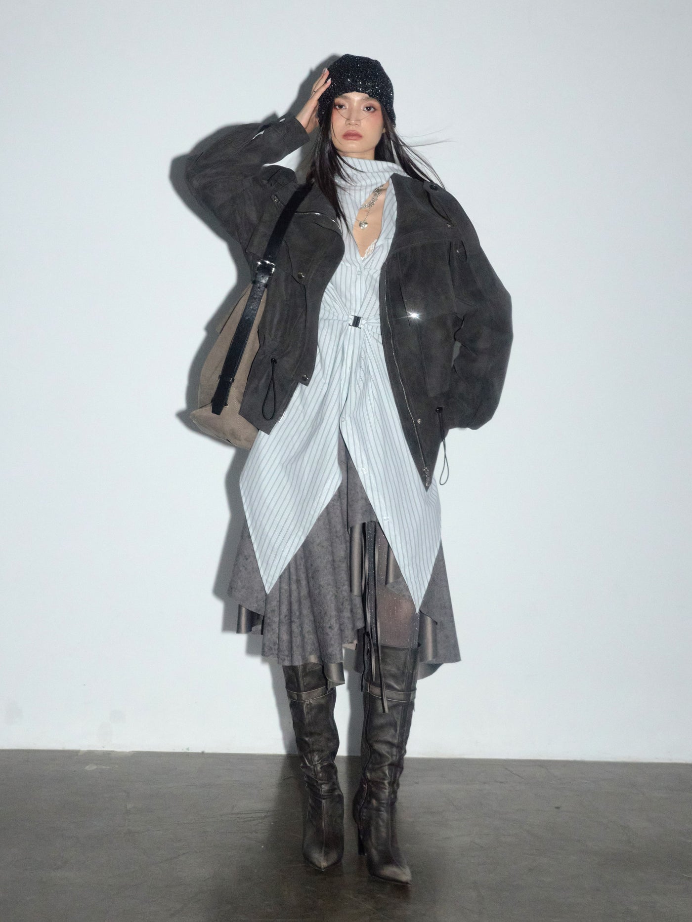 Workwear Pockets Drawstring Leather Jacket JNY0276