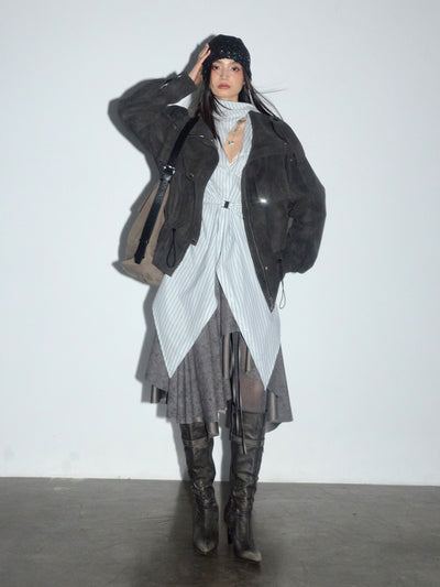 Workwear Pockets Drawstring Leather Jacket JNY0276