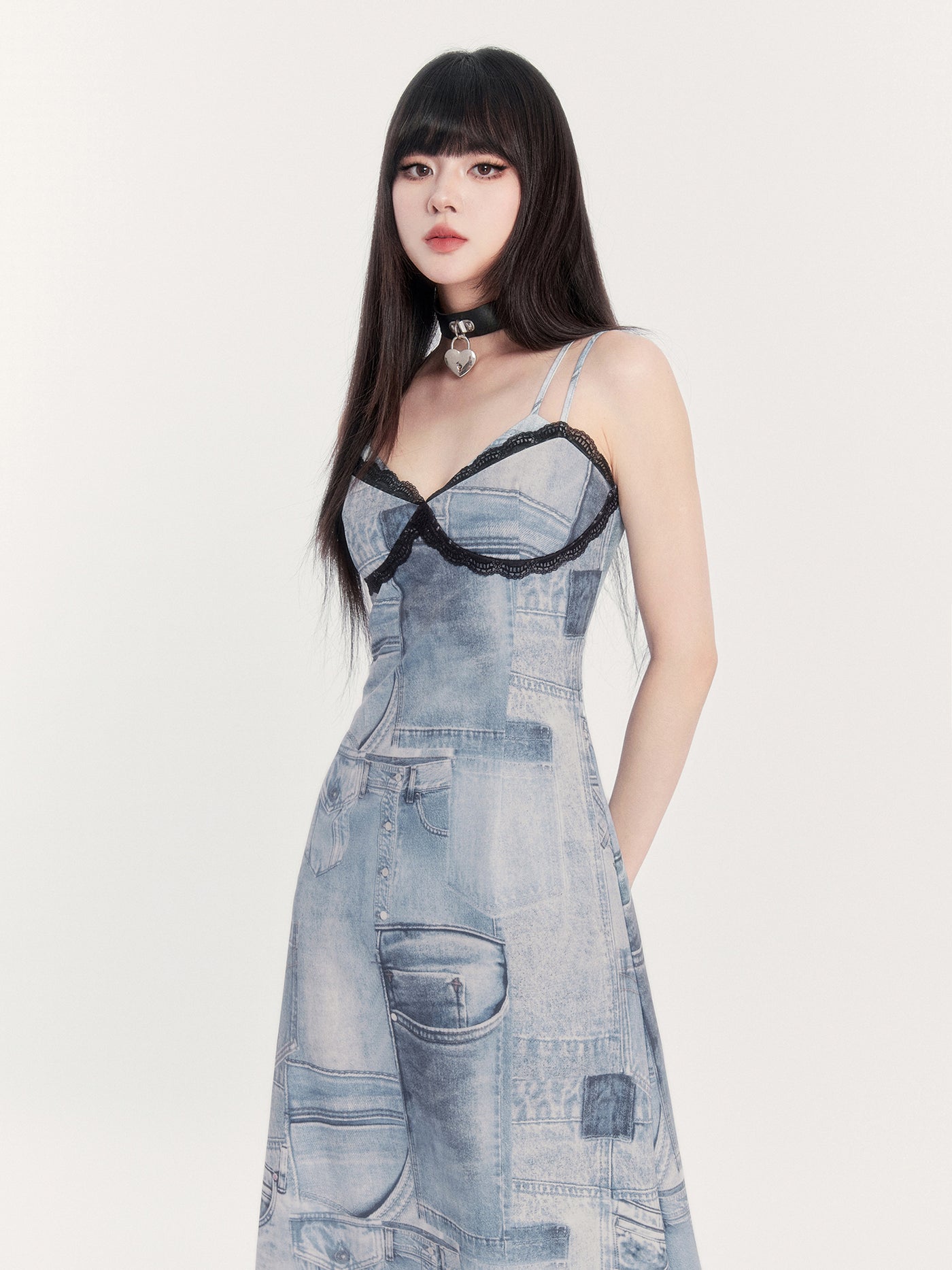 Retro Denim Print Suspender Maxi Dress VOC0410