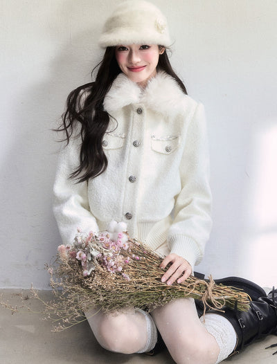 White Detachable Fur Collar Jacket FRA0504