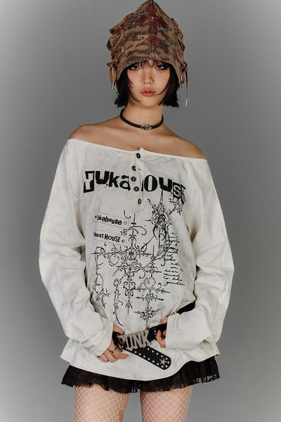 One-shoulder Henley Collar Punk T-shirt KIN0138