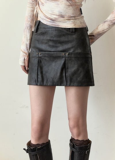 Rubbed Leather Rivet Design A-line Short Skirt VIA0156