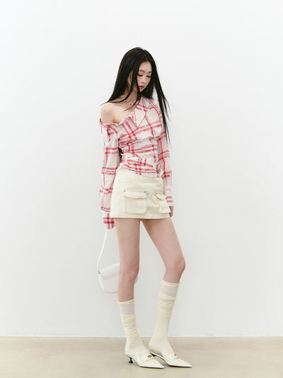 Off-shoulder Belt Plaid Shirt VIA0266