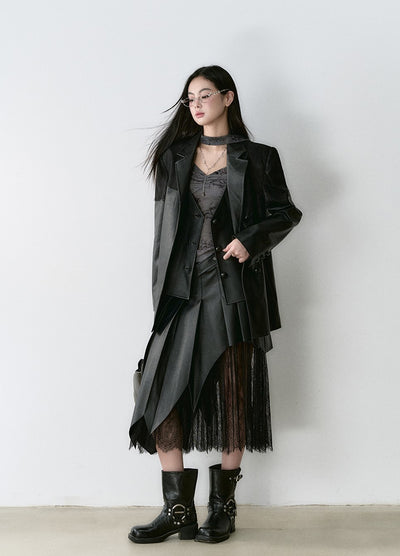 Lace Splicing Leather Pleated Skirt VIA0169