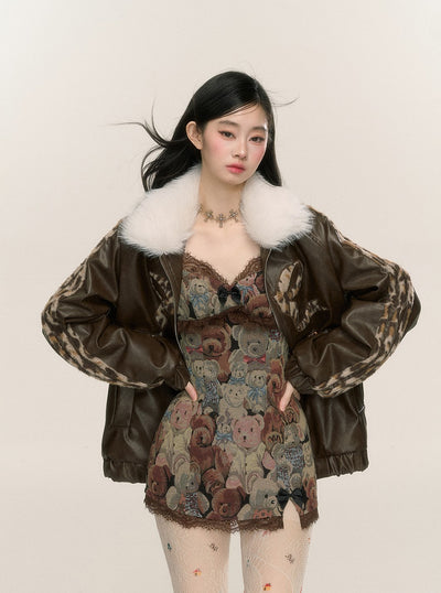 Fur Collar Loose Leopard Print Leather Jacket DIA0223