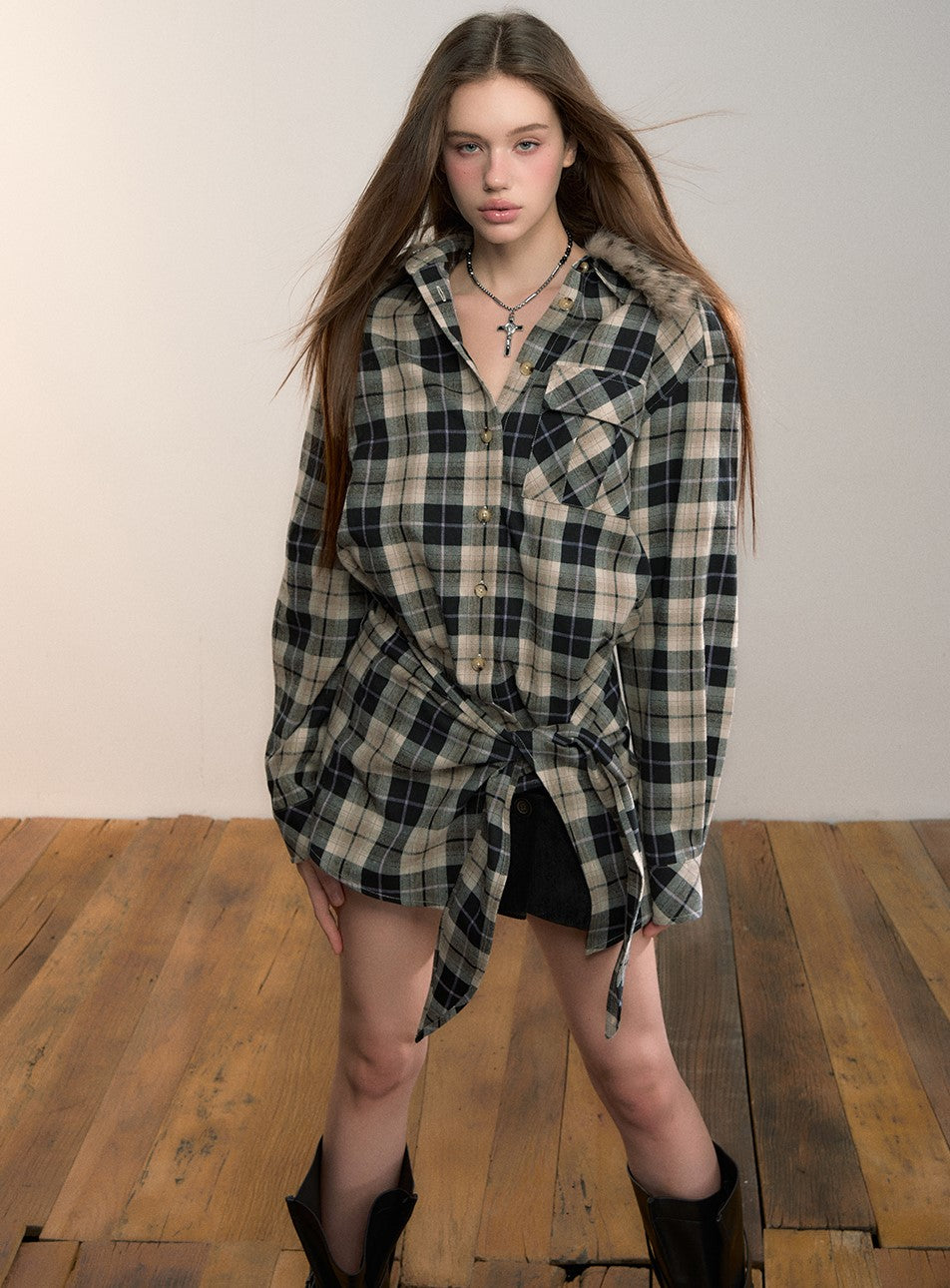 Detachable Fur Collar Plaid Shirt VIA0345