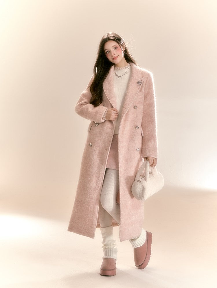 High-grade Mid-length Mist Powder Pink Woolen Long Coat QDQ0091