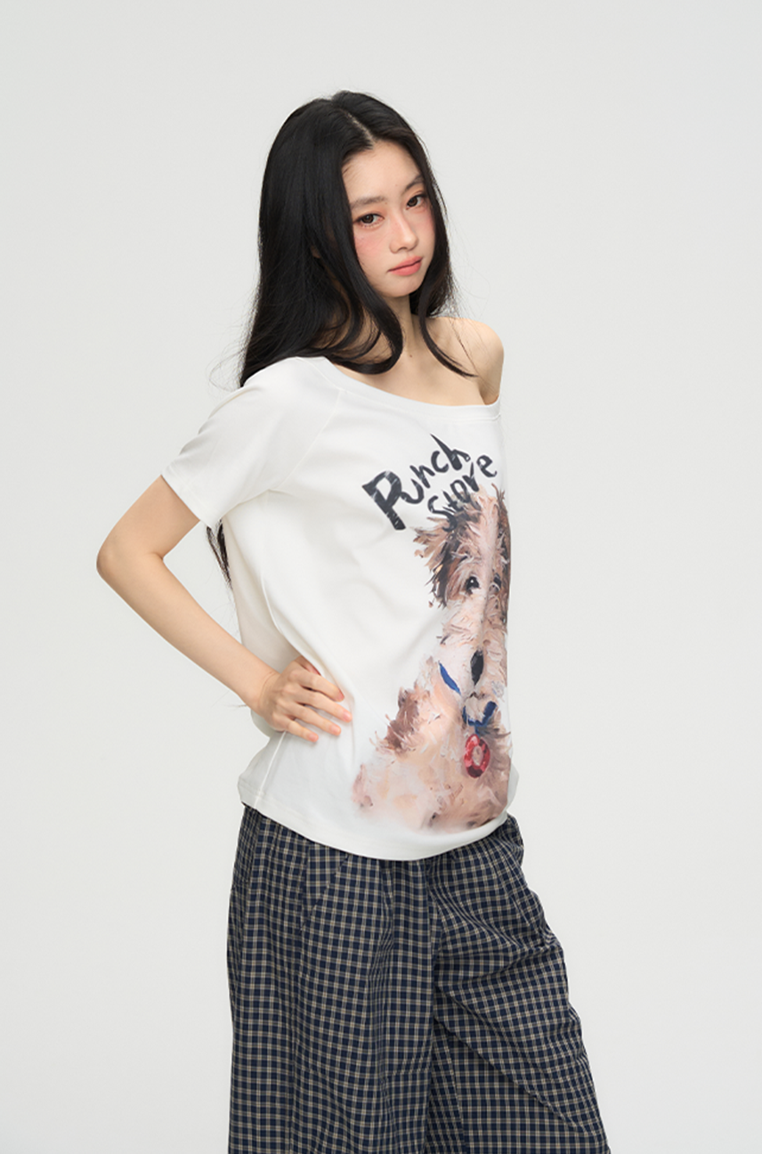 Puppy Print One Shoulder T-shirt PUN0069