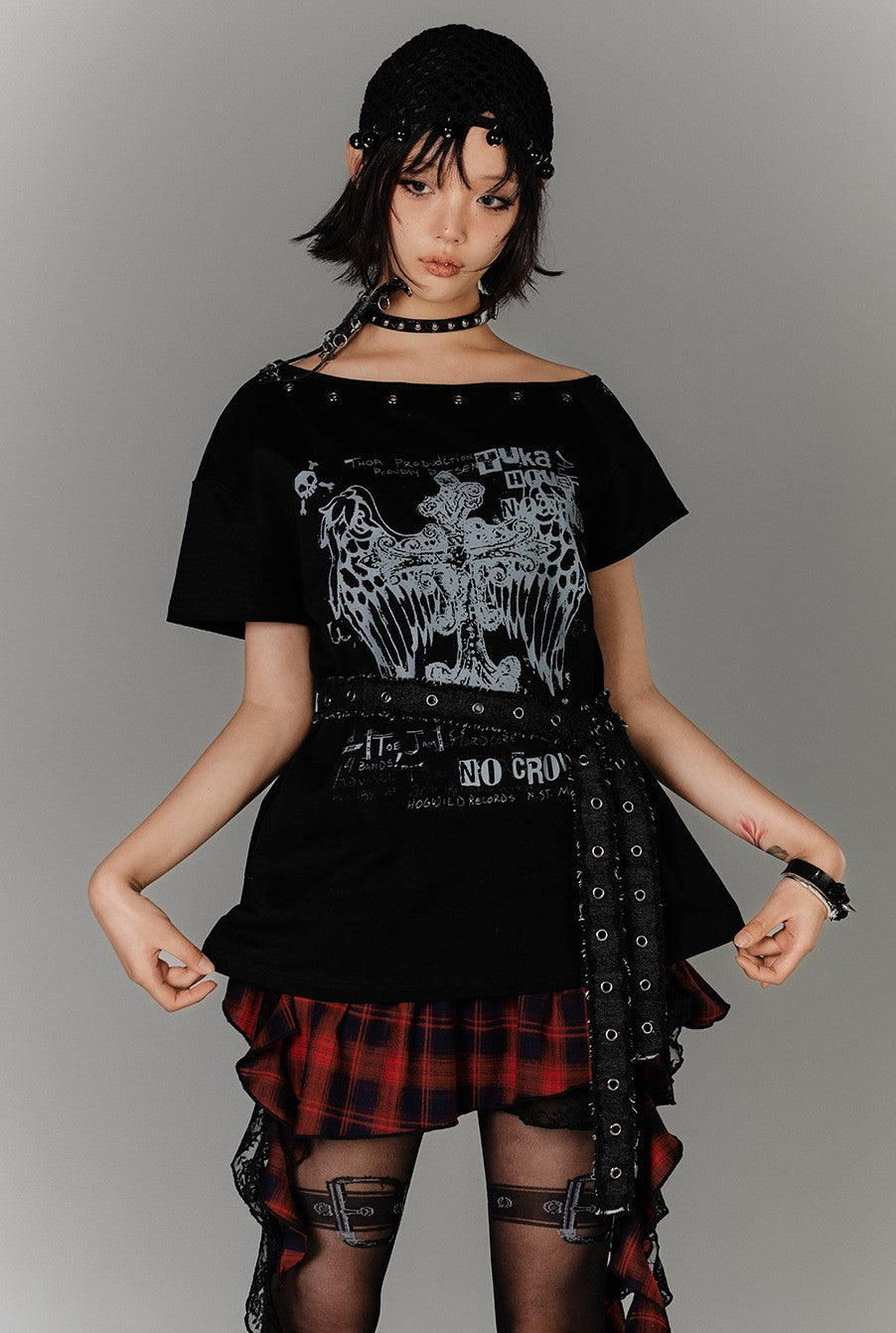 Belt Off-shoulder Subculture T-shirt KIN0135