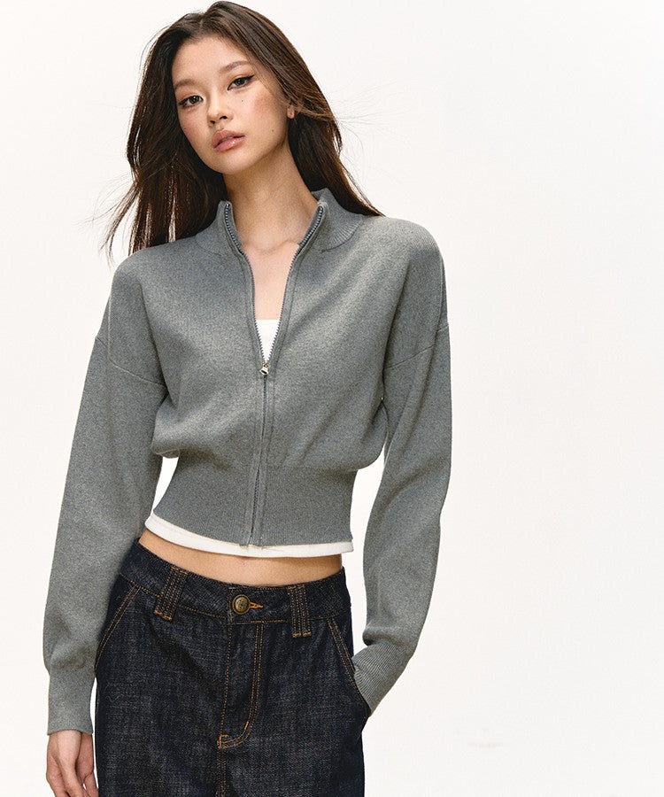 Stand Collar Zipper Knitted Short Cardigan ANA0096
