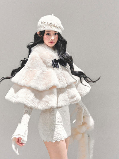 French-style Plush Ribbon Cape Coat DIA0674