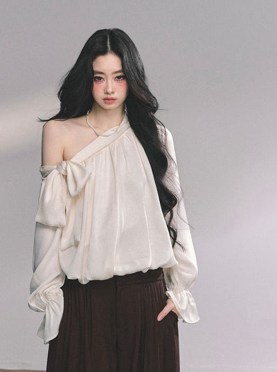 Oblique Shoulder Bow Plaid Shirt DIA0625