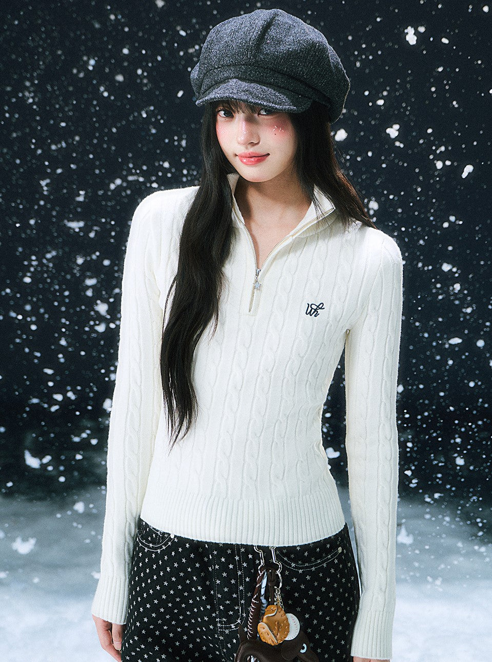 White Half-zip Cable Knit Sweater WEE0109