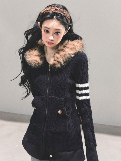 Long-sleeved Hooded Knit Cardigan DIA0665