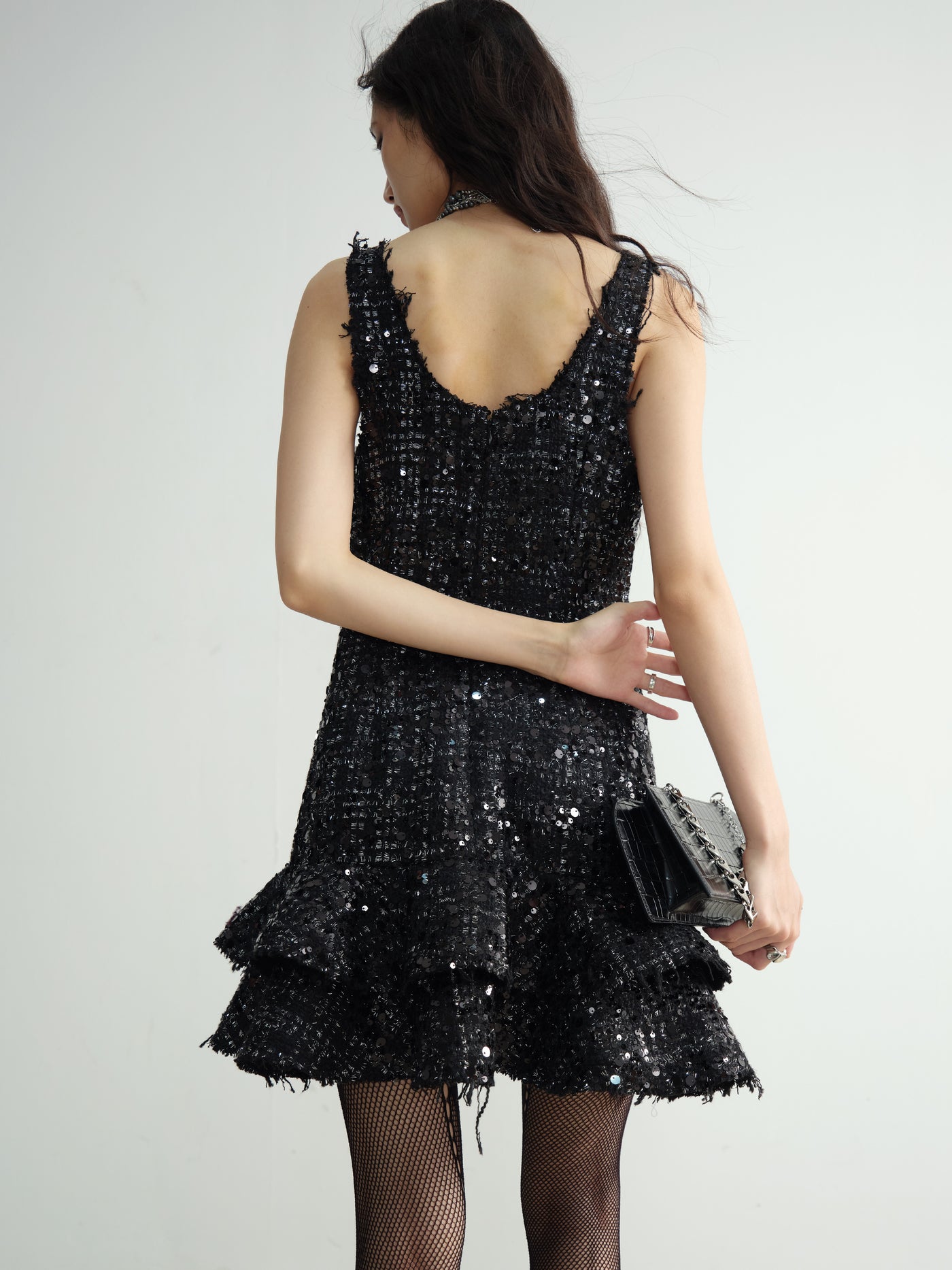 Small Fragrance Style Celebrity Sequins Destructive Tassel Ruffle Cake Dress JNY0190