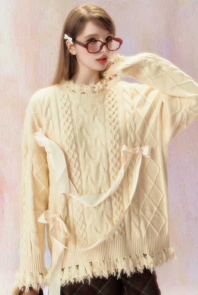 Cream Butterfly Bow Ribbon Sweater SPE0019