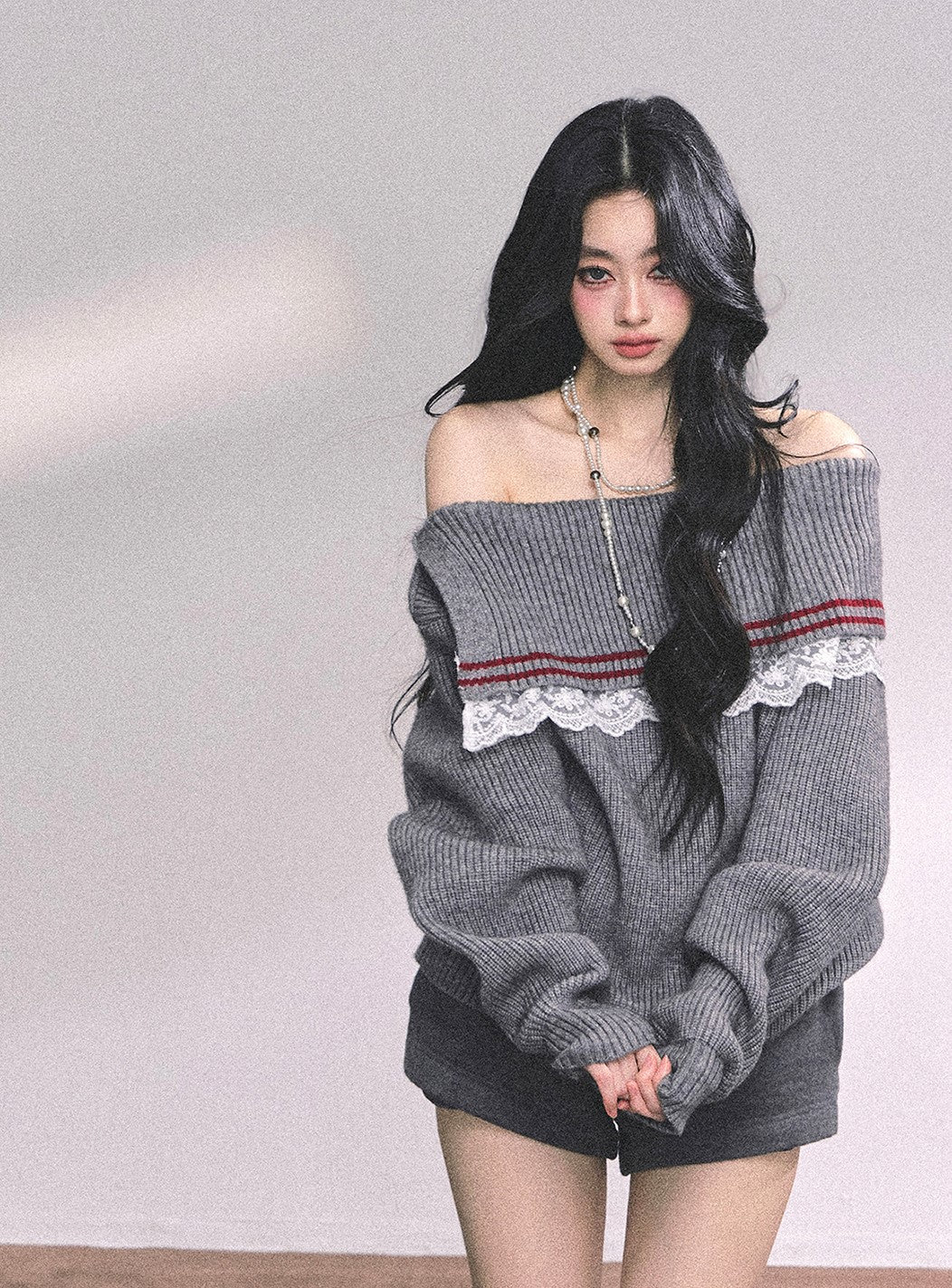 Lace Off-shoulder Loose Sweater DIA0632