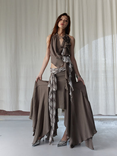 Splicing Irregular Swing Halter Neck Top/Skirt JNY0243