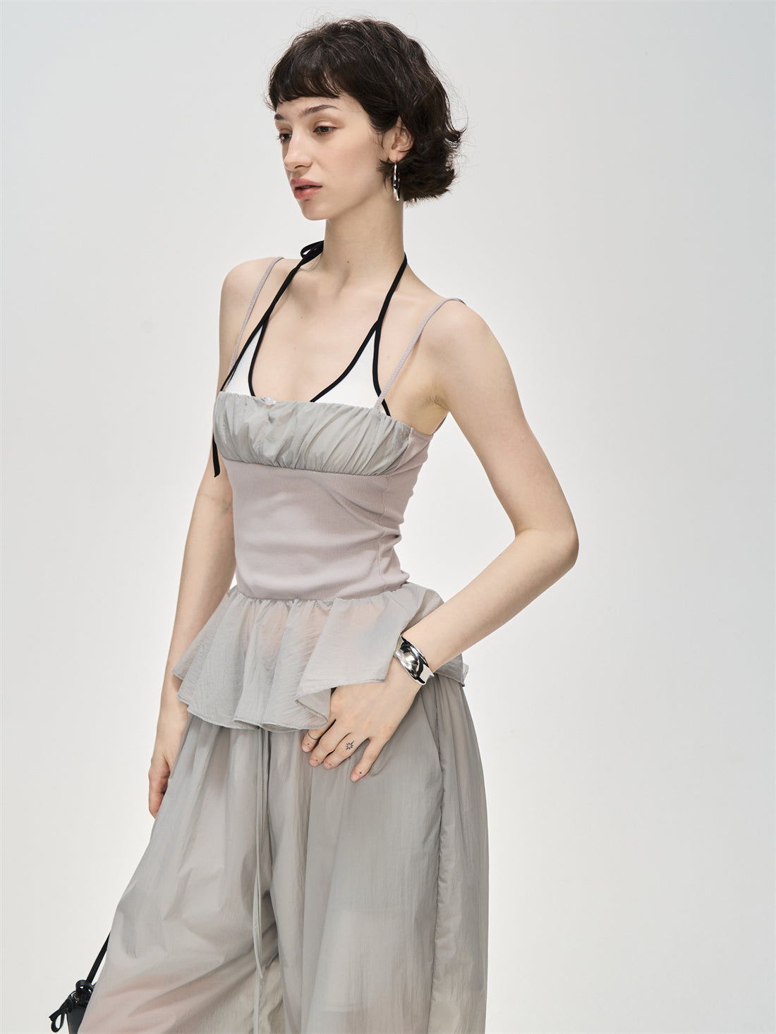Translucent Pleated Loose Drawstring Pants CUR0231