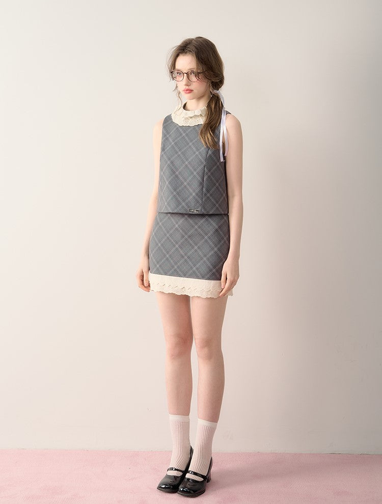 Gray Flower Printed/Checkered Sleeveless Top/Suit Skirt QDQ0060