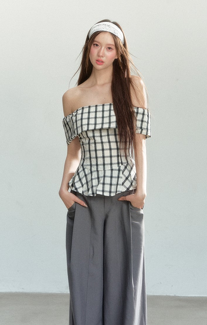 Splicing Plaid Off-shoulder Top SHI0161