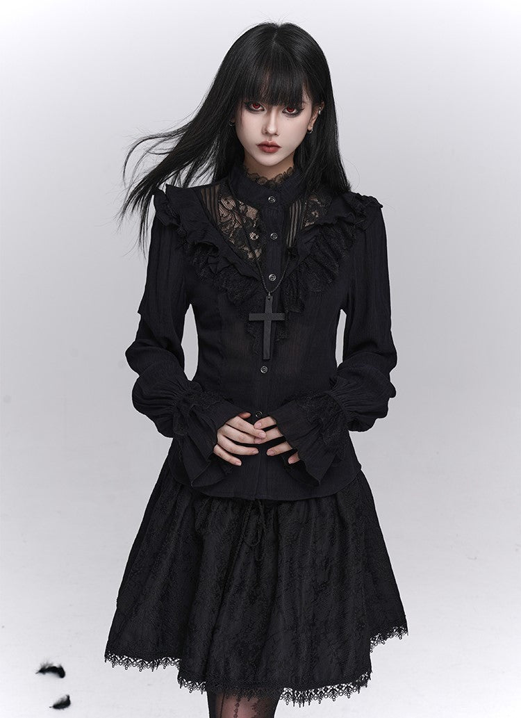 Black Long-Sleeved Lace Shirt LAD0244