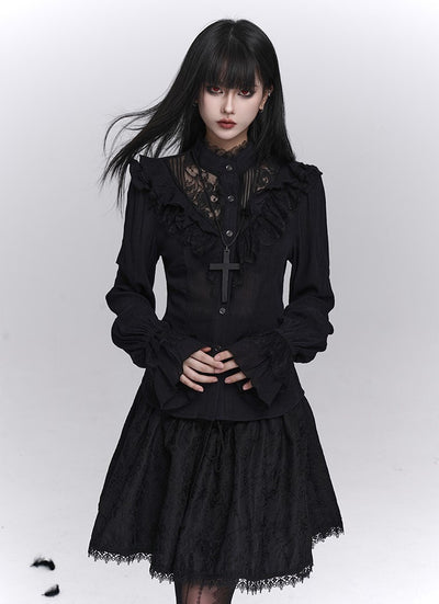 Black Long-Sleeved Lace Shirt LAD0244