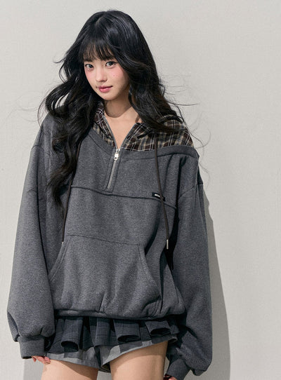 Faux Two-Piece Plaid Hooded Sweatshirt DIA0760