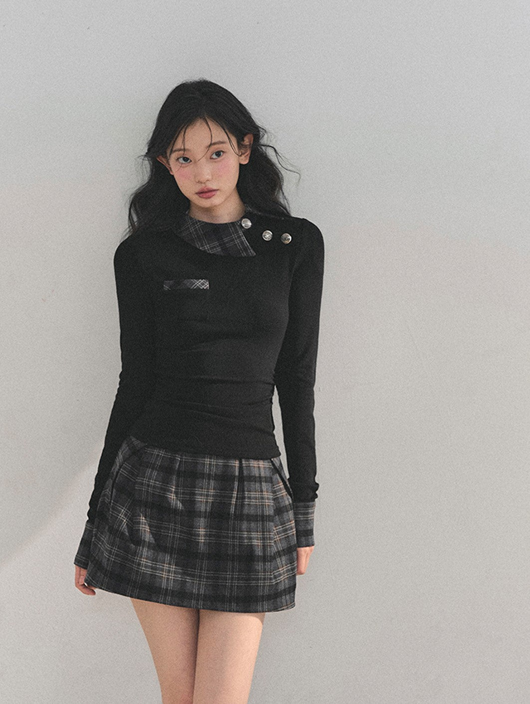 Black Plaid Collar Top/Plaid Short Skirt DIA0757