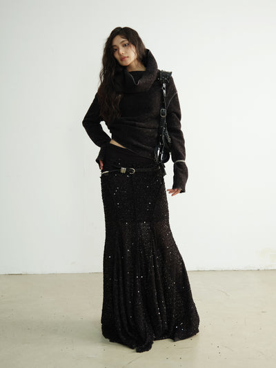 High Waist Sequined Black Long Skirt JNY0191