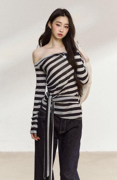 Oblique Shoulder Tie Striped T-shirt SHI0213