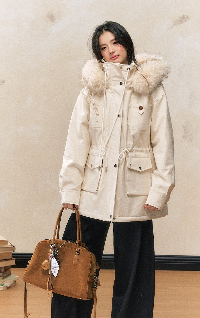 White Loose Hooded Parka Thick Warm Cotton Coat SHI0091