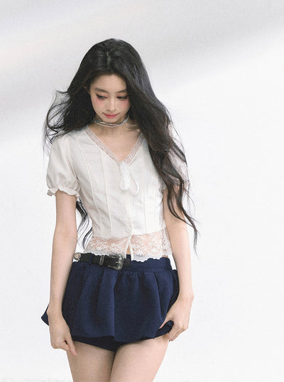 Lace V-neck Puff Sleeve Shirt DIA0521