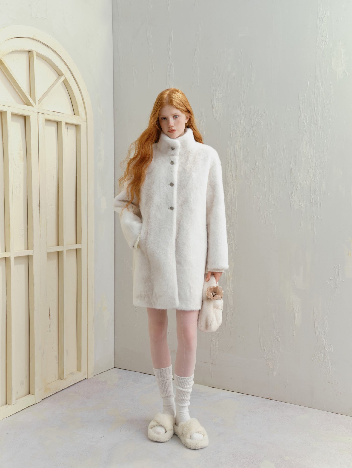 White Cross Half High Collar Eco-friendly Fur Long Coat SAL0089